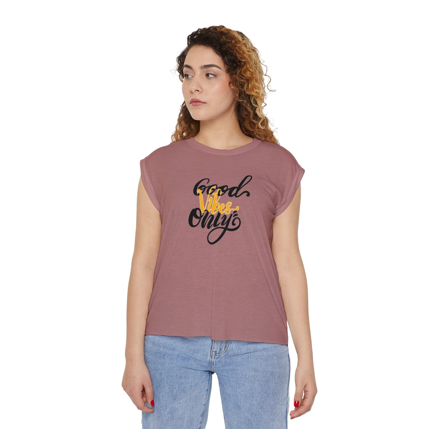 Good Vibes Only Flowy Rolled Cuffs Muscle Tee