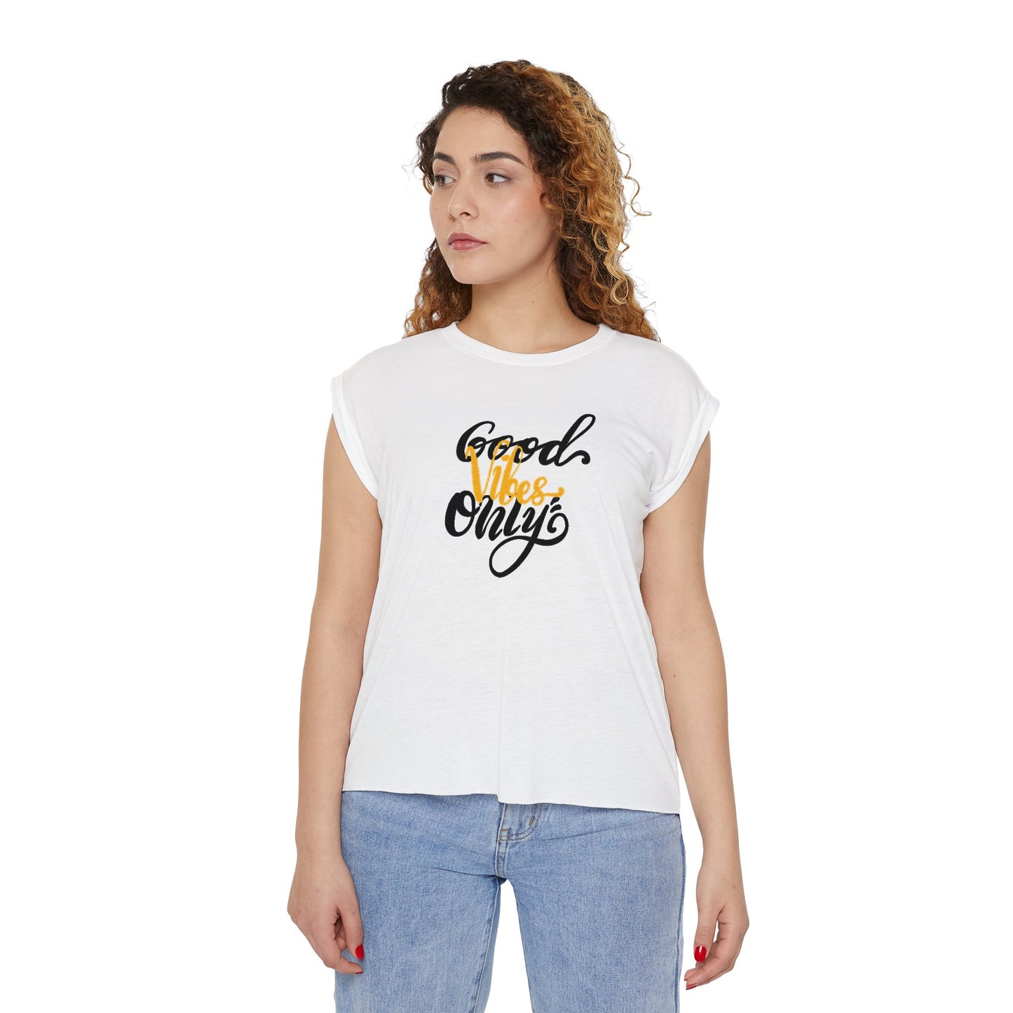 Good Vibes Only Flowy Rolled Cuffs Muscle Tee