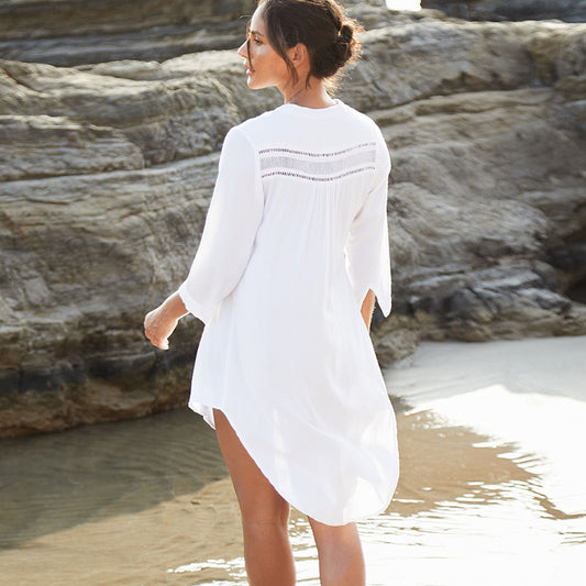 White Long Sleeve Button Down Shirt/ Beach Cover Up