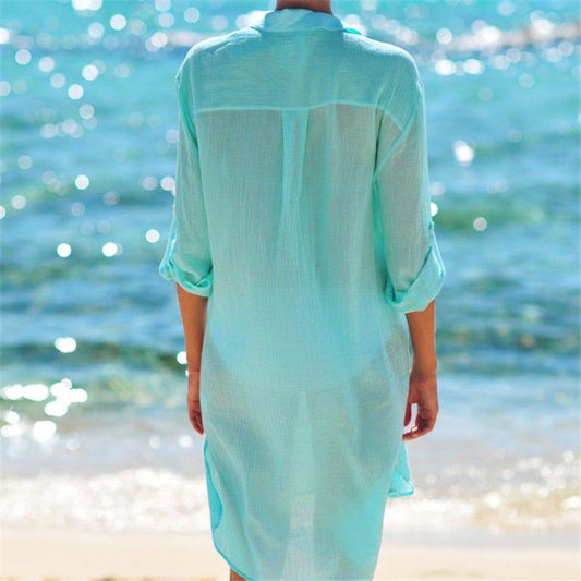 Long Sleeve Sheer Cover Up in Teal Green