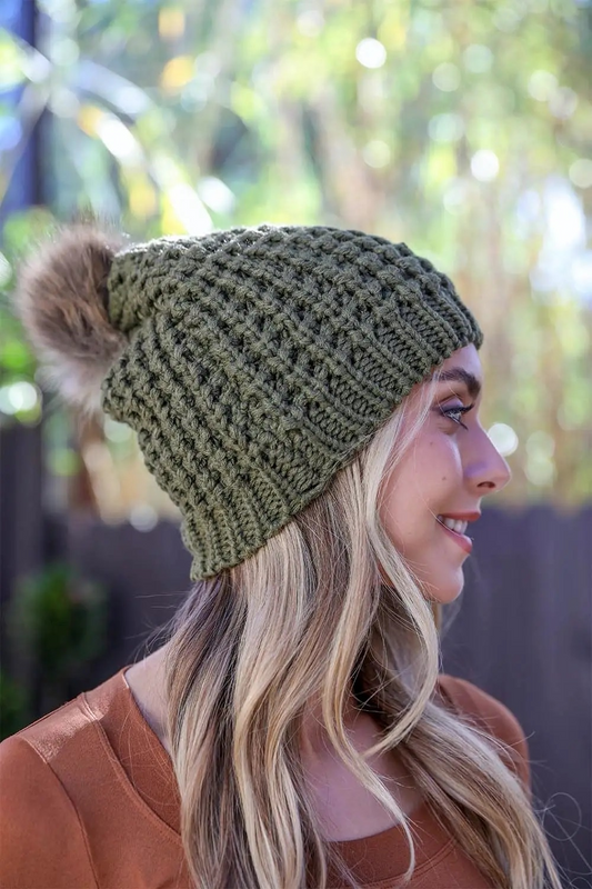 Textured Beanie With Pom Pom